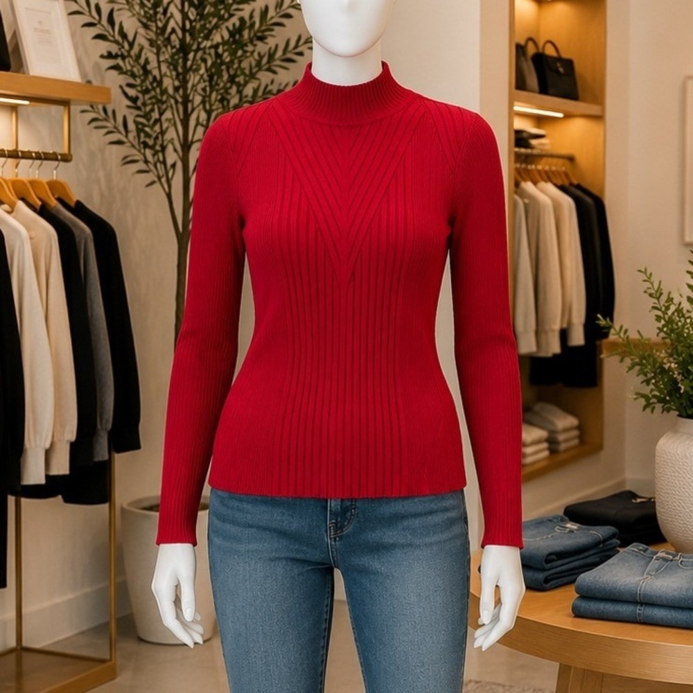 INC Womens Sweater Red Ribbed Mock Neck Chevron Knit M